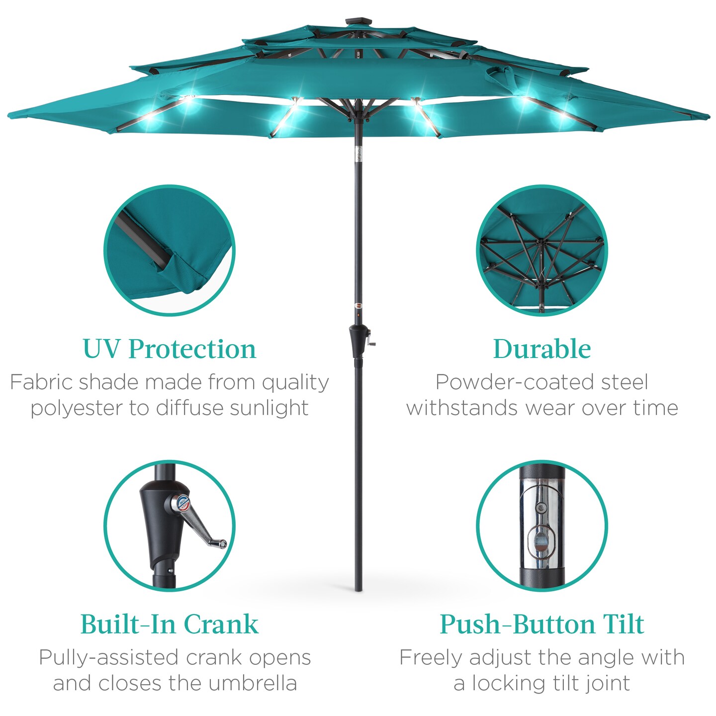 Best Choice Products 10ft 3-Tier Solar Patio Umbrella w/ 24 LED Lights, Tilt Adjustment, Easy Crank