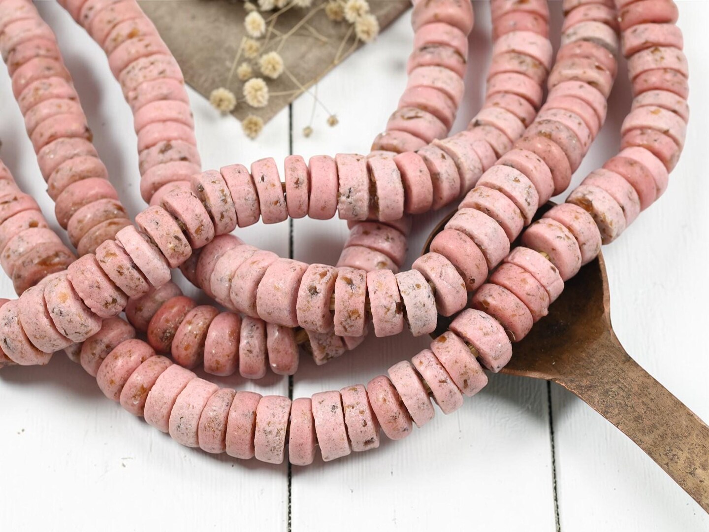 13mm Rustic Pink Recycled African Glass Ashanti Heishi Beads (10" Strand)