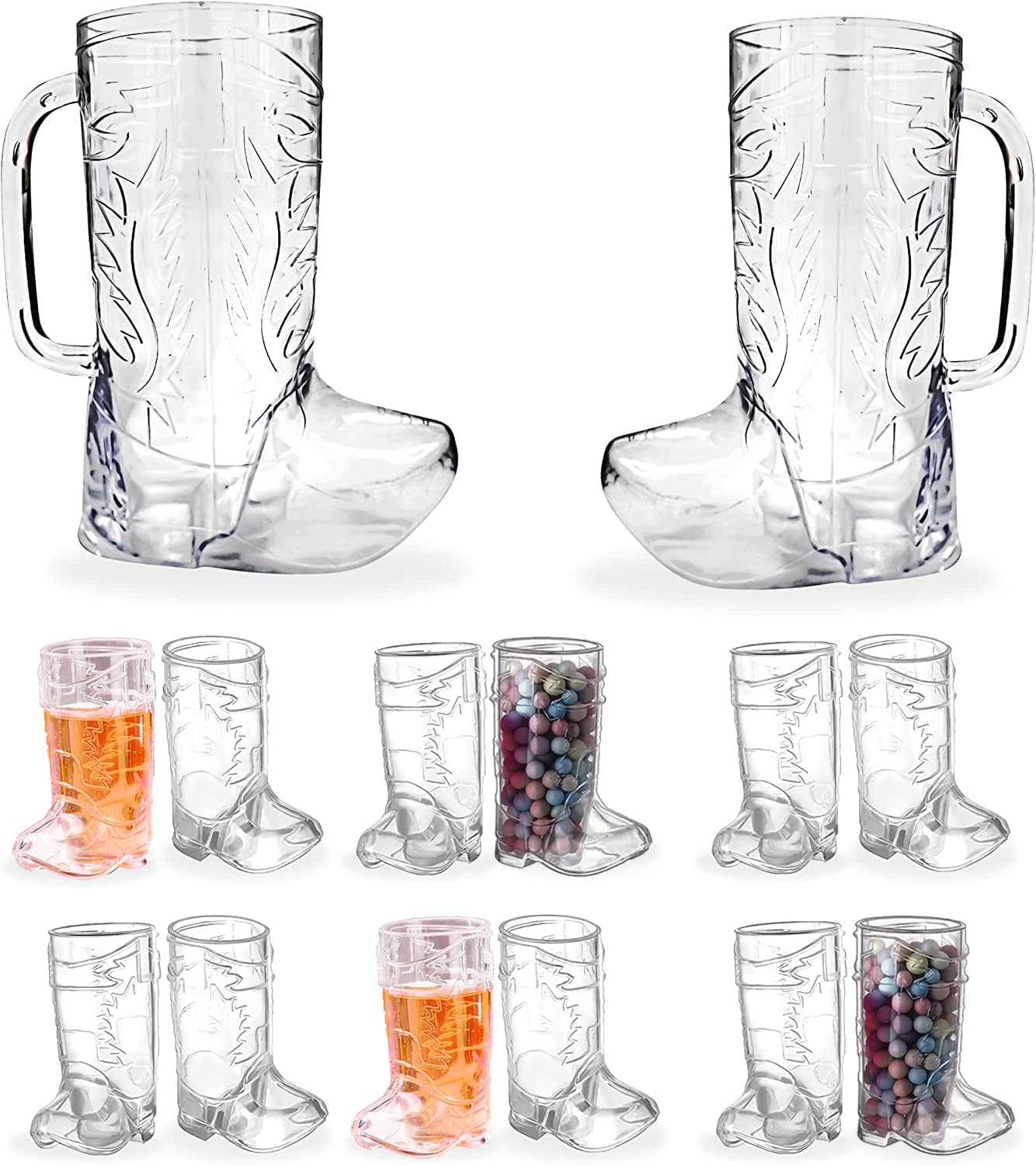 4E's Novelty 14 PCS Set Cowboy Boot Cups - 12 Mini Boots, 2 Big 17oz Cowboy Boot Mugs for Party Supplies