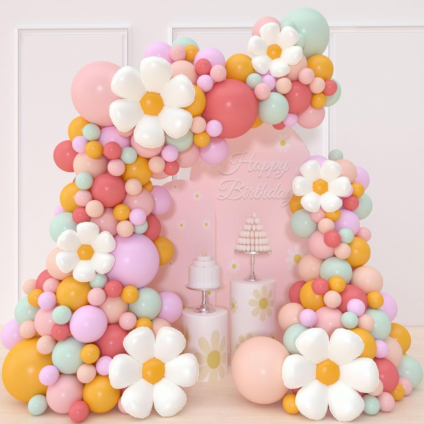 Pastel Daisy Balloon Garland Arch Kit,180Pcs Flower Balloon (Pastel Pink Green Yellow)