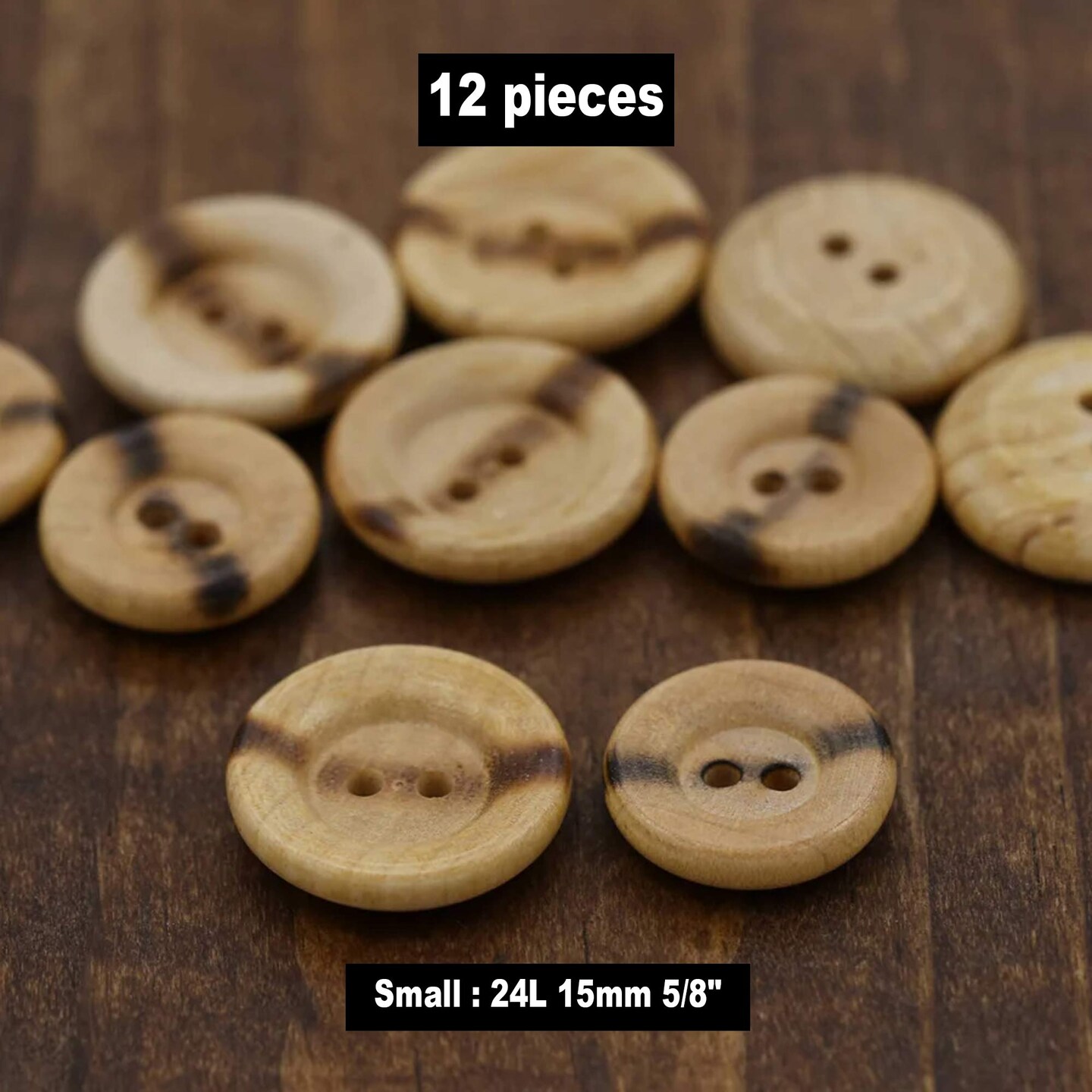 12 Pieces Flat Wooden Burnt Center Buttons Two Hole 15mm 5/8" Small Size