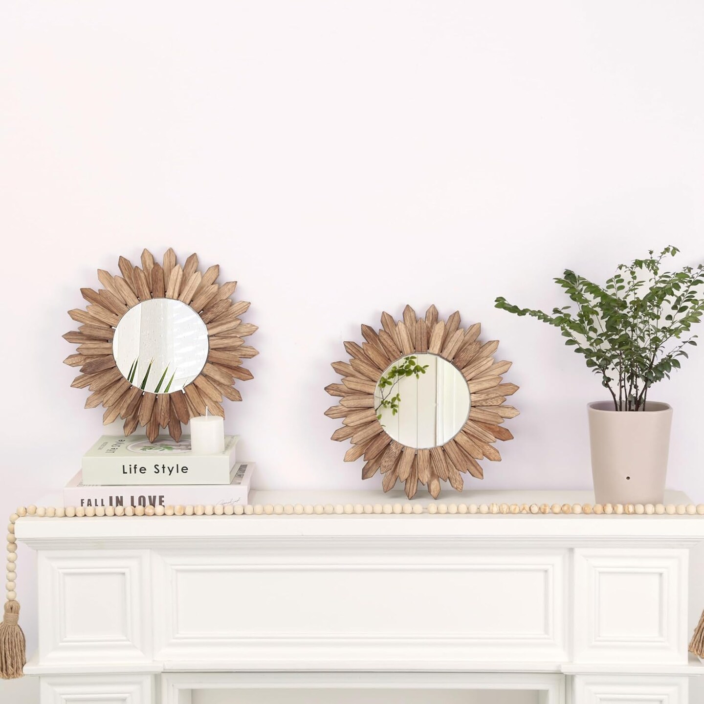 2 Pack Boho Wall Decor Sunburst Mirror, Rustic Round Wood, 12 inch