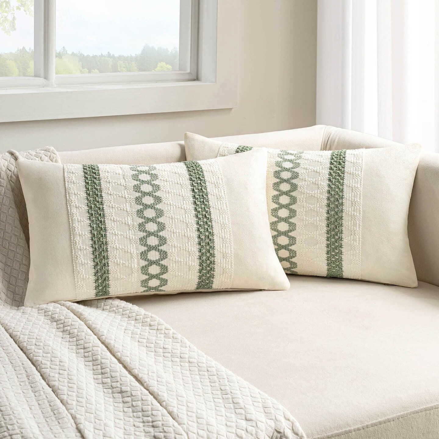 Set of 2 Sage Green Boho Decorative Pillow Covers 12x20 Inch Farmhouse Rustic Couch Throw Pillows