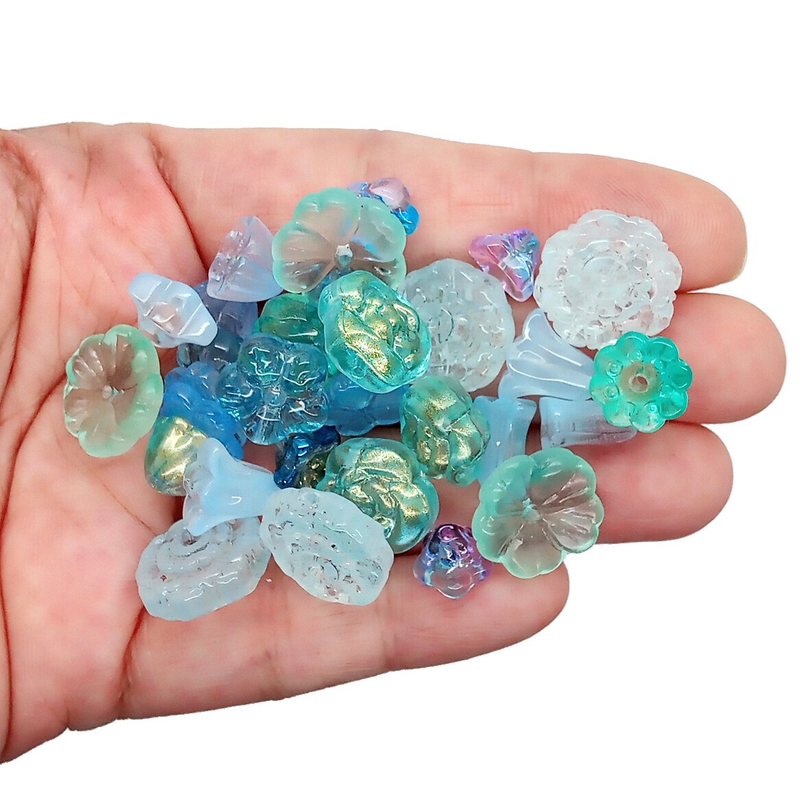 Glass Flower Beads, 30 pcs, Small Blue &#x26; Green Mix, Assorted Styles, 8mm to 15mm, Adorabilities