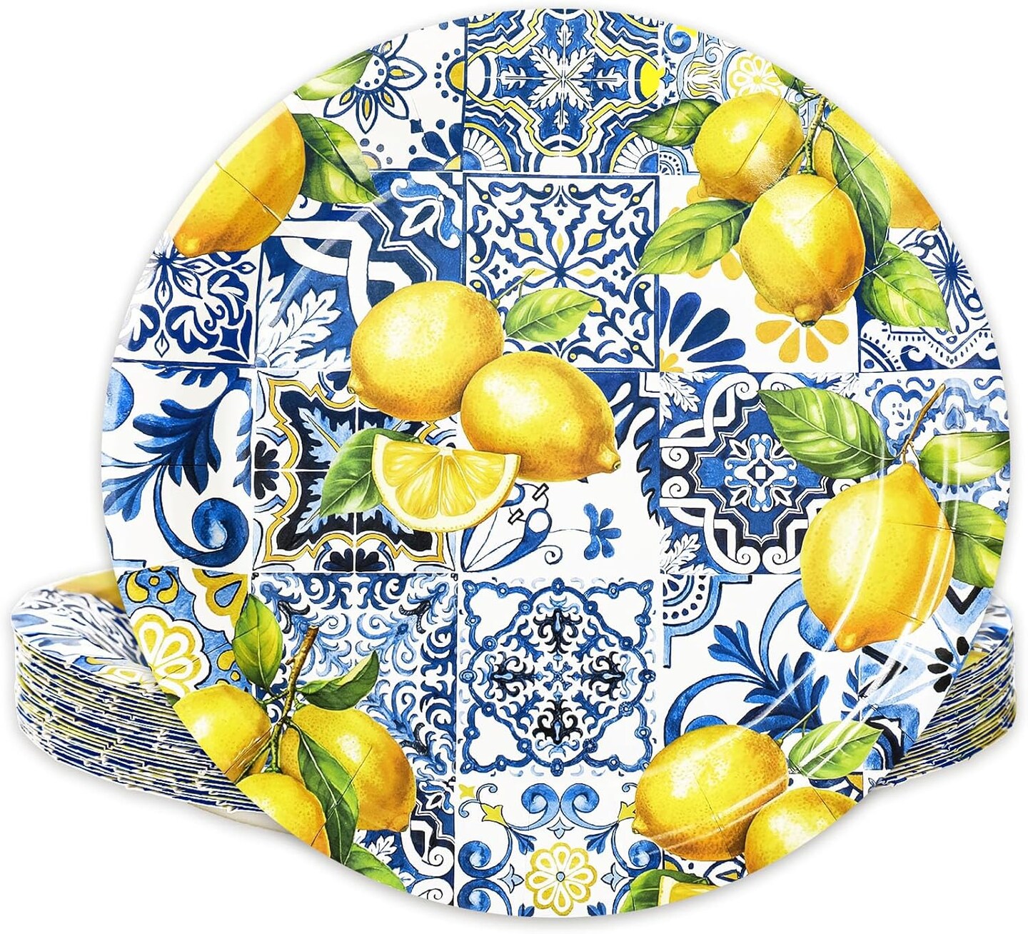 Summer Plates Tiles Lemon Disposable Paper Plates Yellow Blue Dinner Plates 9 Inch (Yellow)