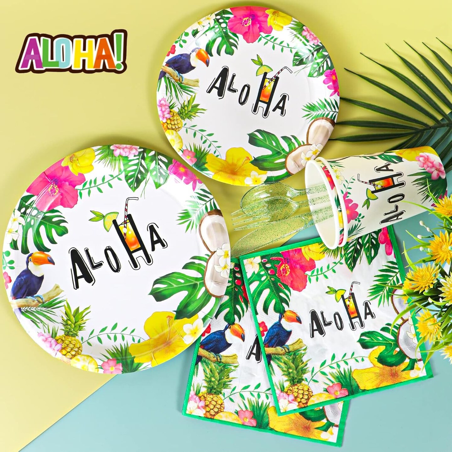 Hawaiian Luau Party Supplies, Disposable Hawaiian Plates and Napkins Set (Colorful)