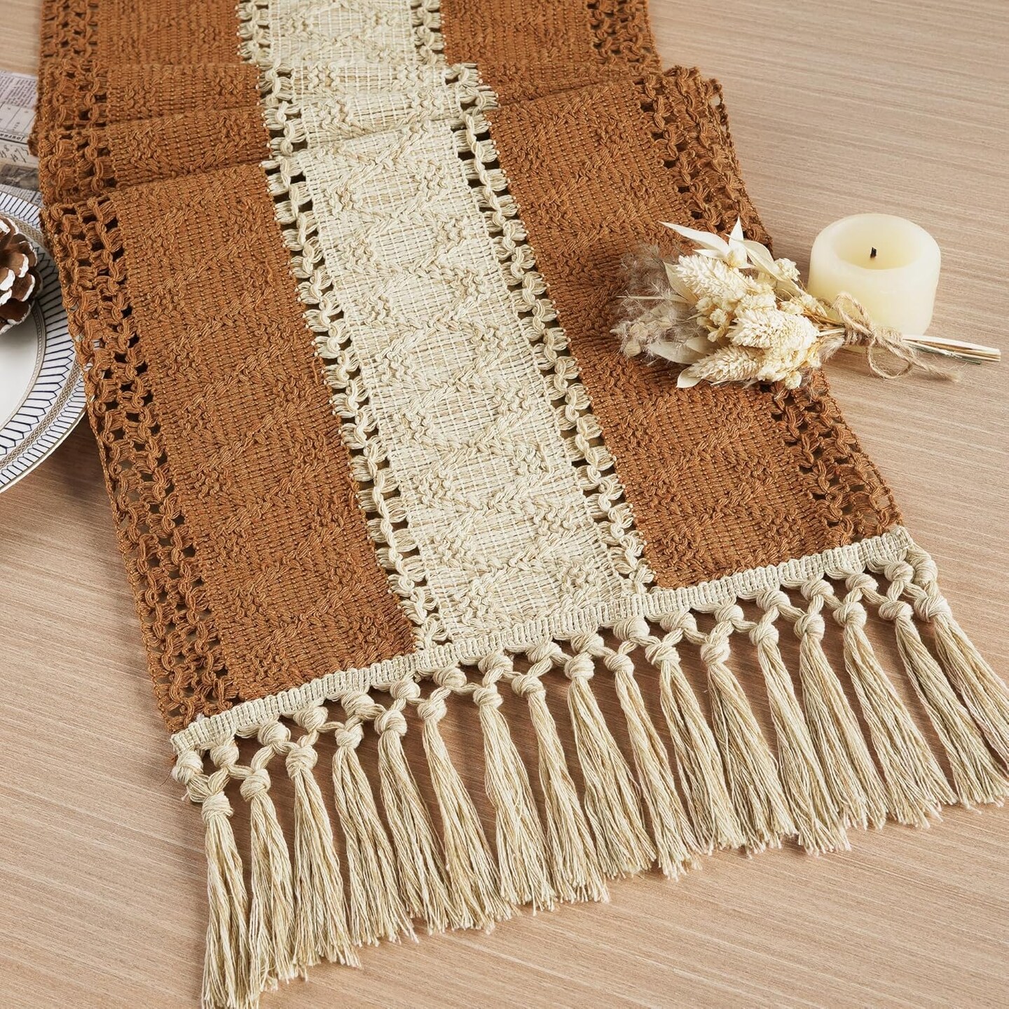 Boho Macrame Table Runner Rustic Caramel & Beige (12x72 Inches)