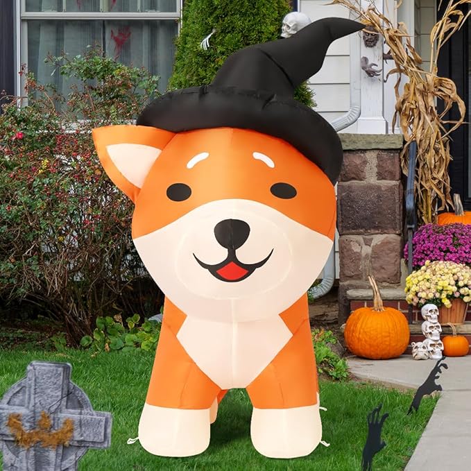 GOOSH 4 FT Halloween Inflatables Wizard Shiba Inu Dog with Built-in LEDs