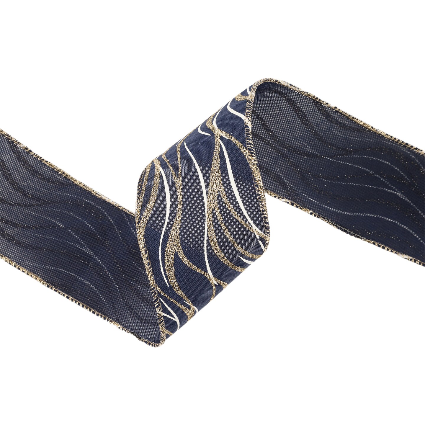 LaRibbons 2 1/2" Faux Linen Wired Ribbon | Blue w/ Gold Glitter and Print White Curve | 10 Yard Roll
