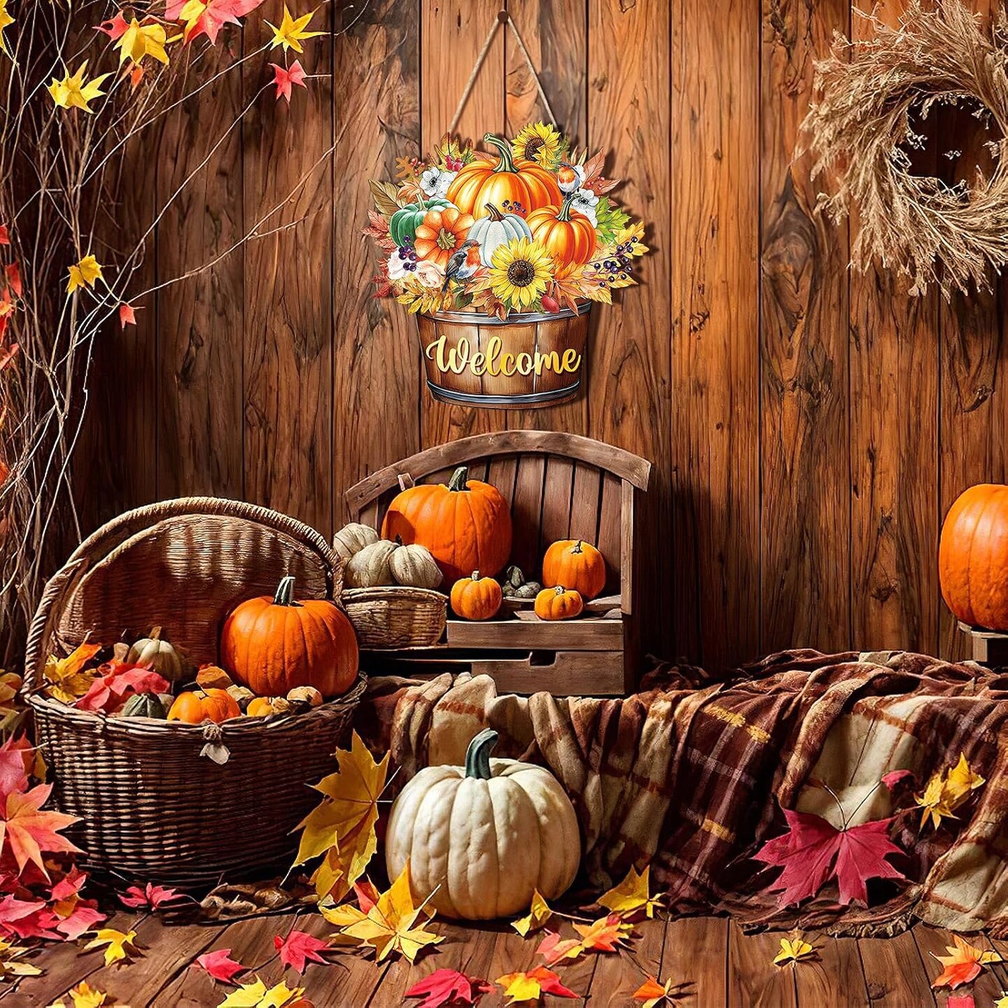 Fall Decoration Welcome Wreaths(Fall Barrel)