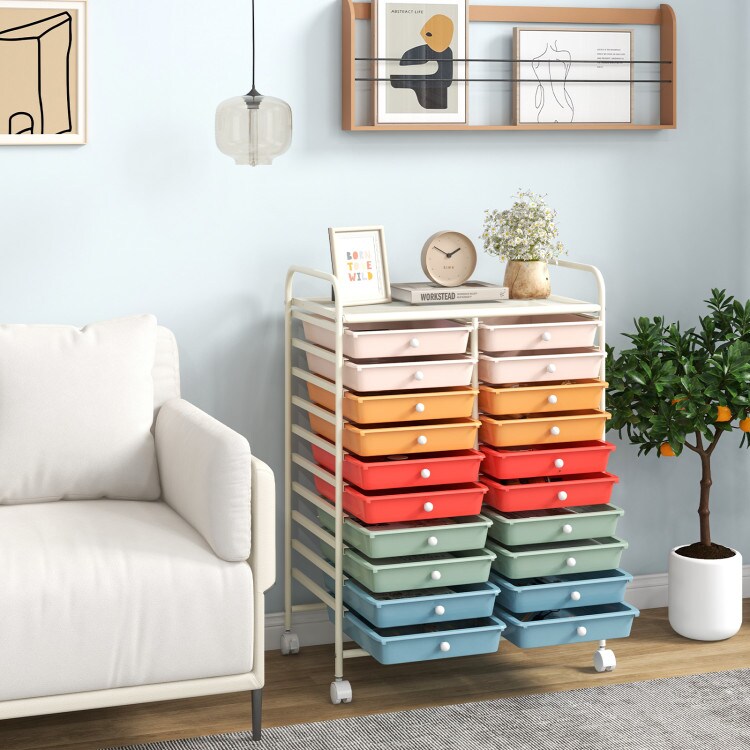 White Steel 20-Drawer Rolling Storage Cart with Wheels for Easy Organization