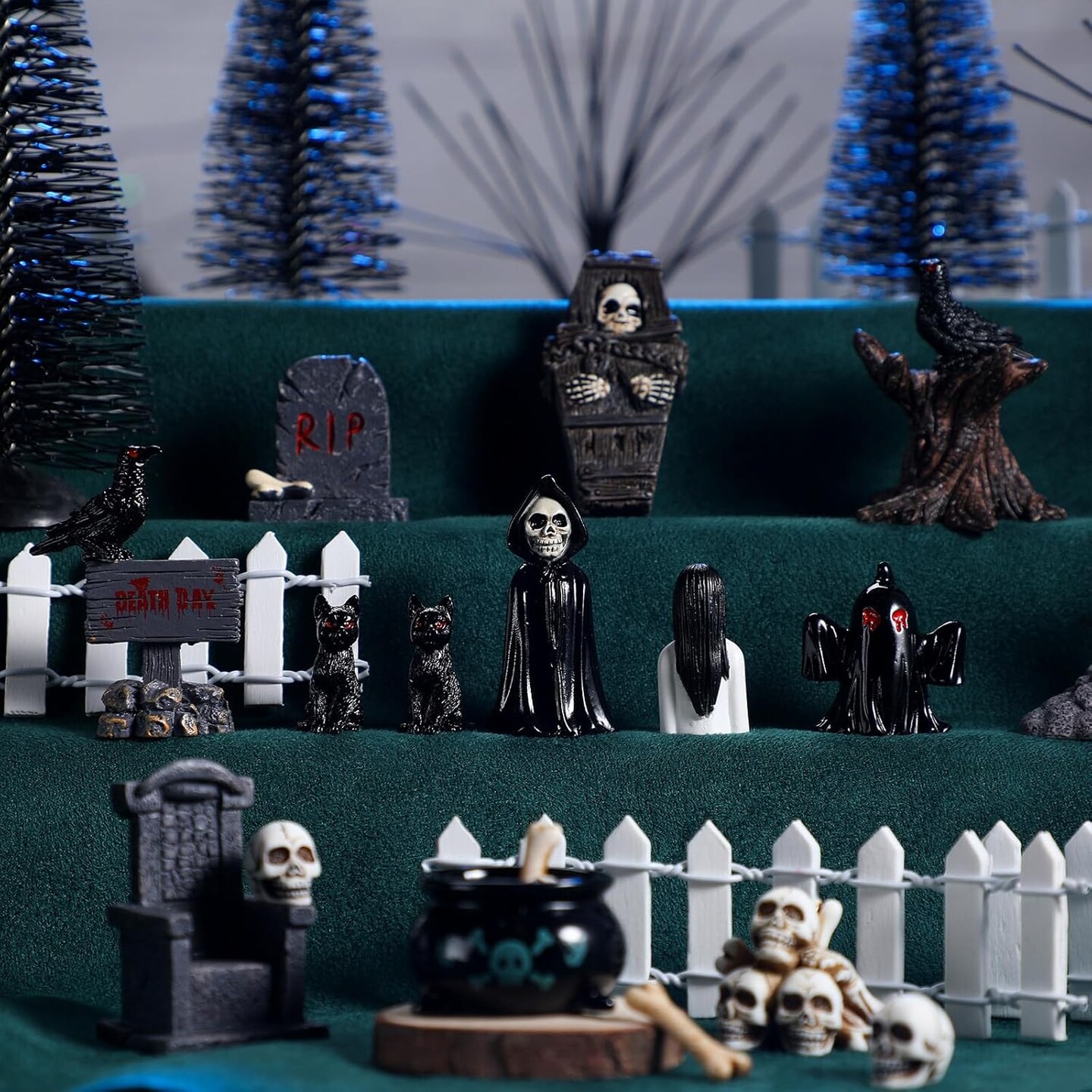 Halloween Figurines Spooky Bare Branches Tombstones Skeleton Skulls