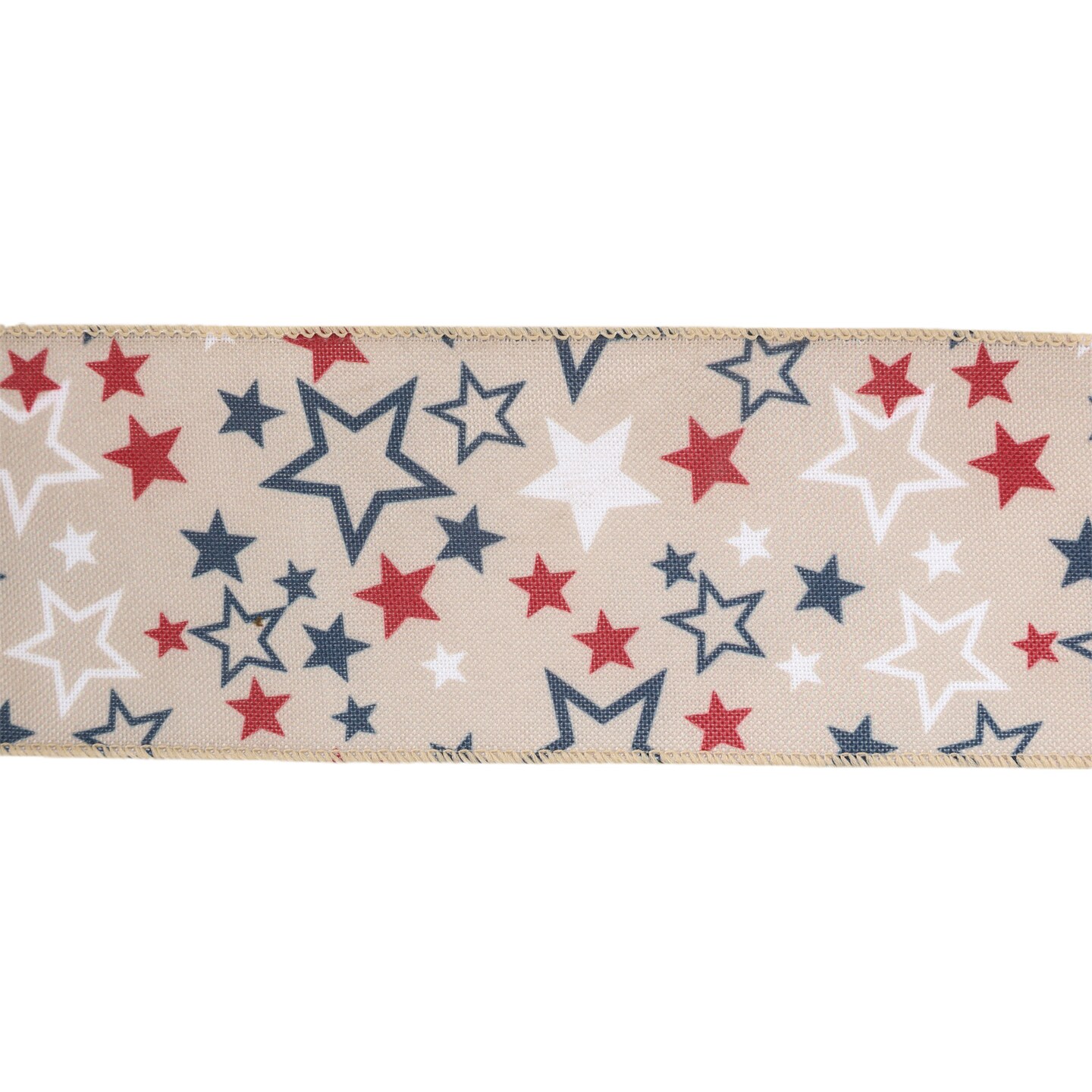 LaRibbons 2 1/2 Wired Ribbon | Natural w/ Allover Red/White/Blue Stars | 10 Yard Roll