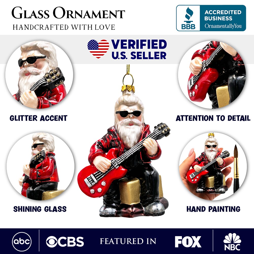 Rock Guitarist Santa Claus Glass Christmas Ornament, Rocker Musician Gift