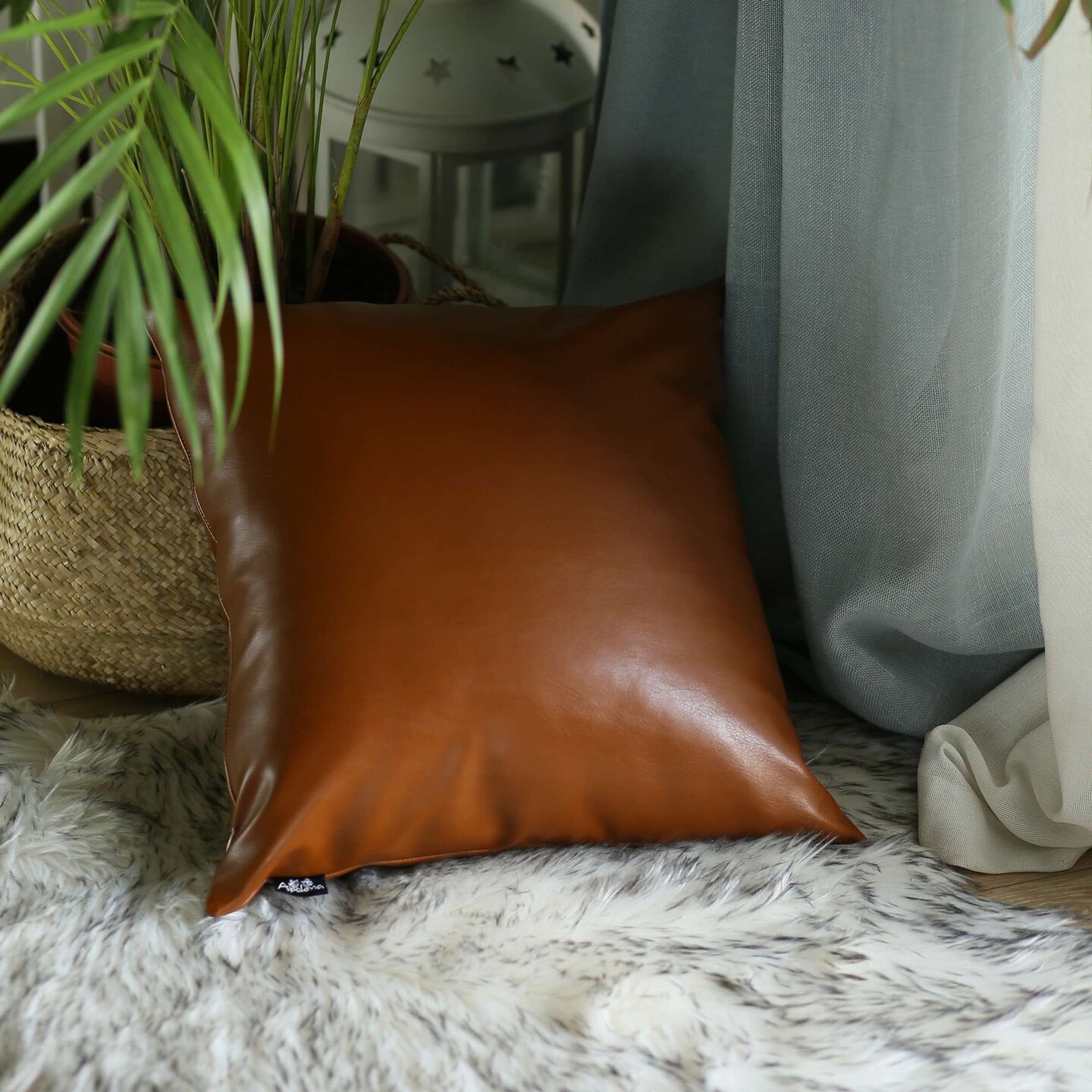 Edge Collections - 18 x 18 x 1 inches - Brown - Cozy Rustic Faux Leather Pillow for Home Decor - 1 Piece