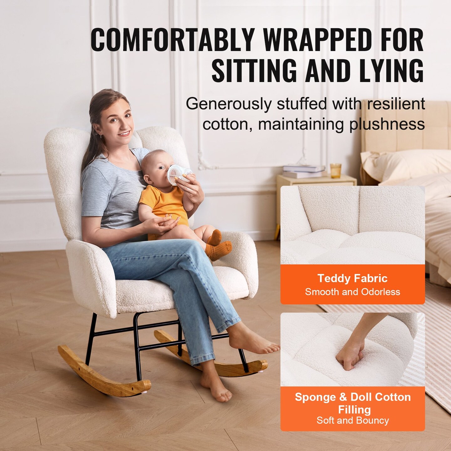 Ivory White Teddy Velvet Nursery Rocking Chair Ergonomic High-Back Glider with Rubberwood Base