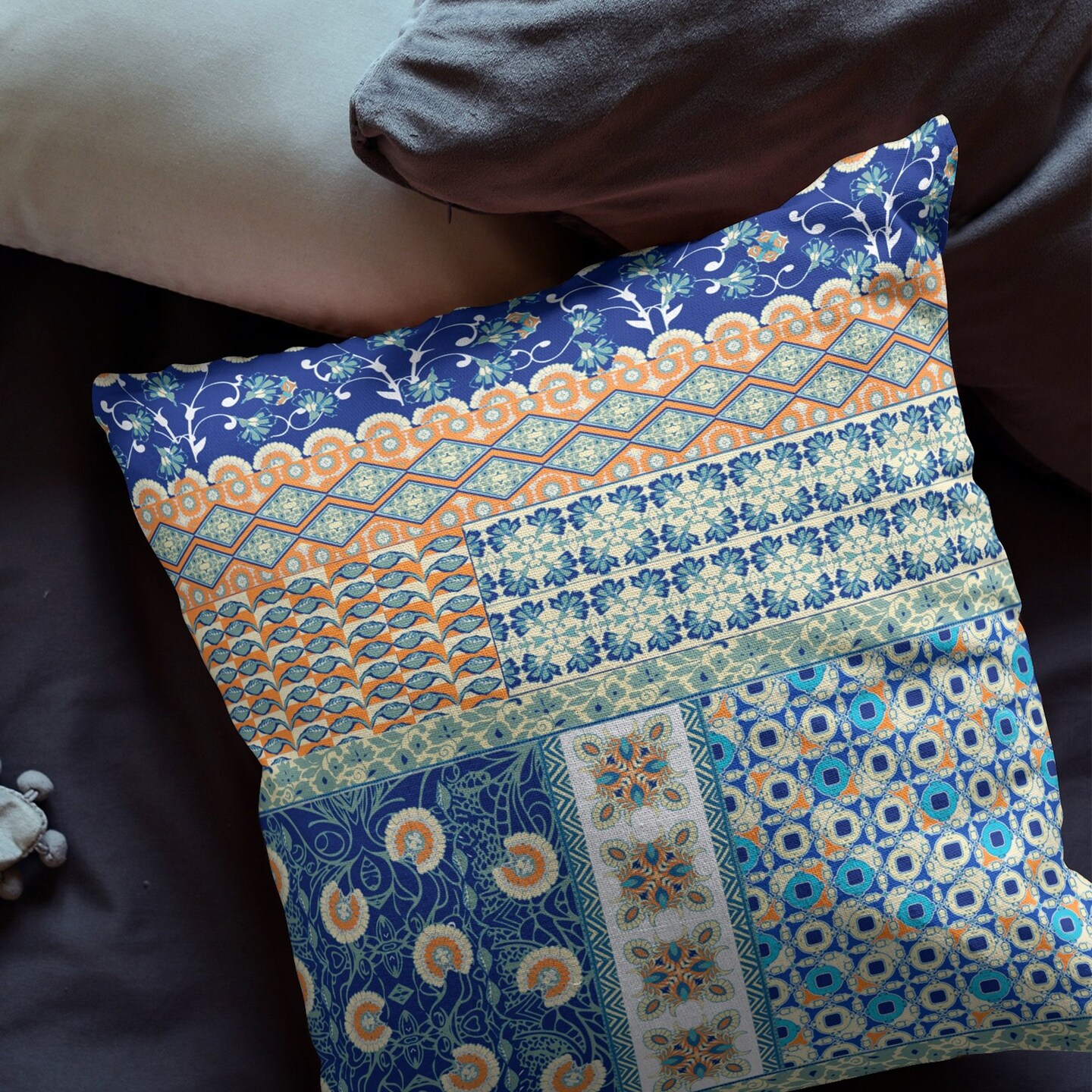 Edge Collections - 20" x 20" x 5" - Blue - Bohemian Patchwork Throw Pillow for Indoor and Outdoor Use - 1 Piece