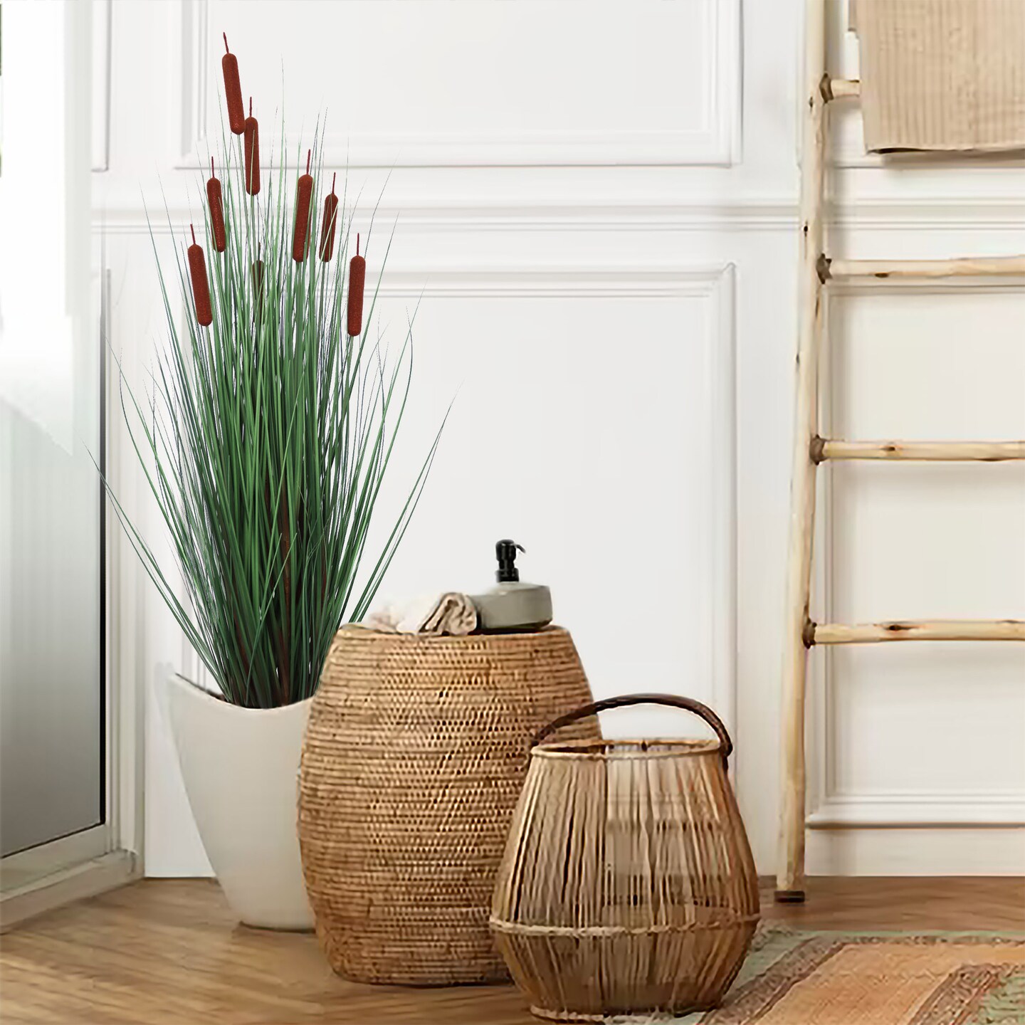 4-Foot Tall Artificial Cattail Grass in Decorative Pot | Low Maintenance Faux Plant for Home and Office Decor | Floral Home by Artificial Flowers