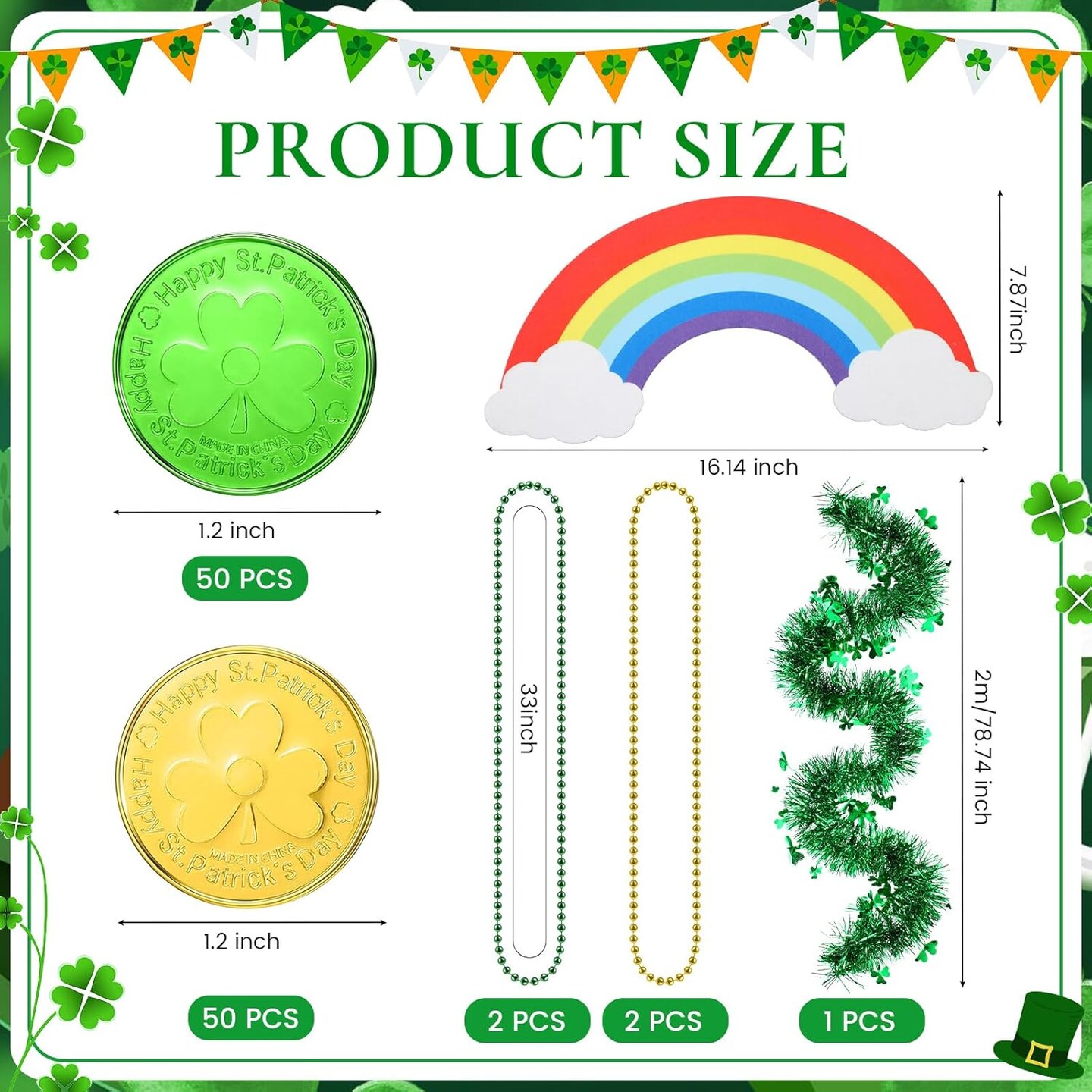 207-Pcs St. Patrick’s Day Decorations Set – Plastic Cauldron, Rainbow Topper, Shamrocks, Coins & Acrylic Gems – St. Patricks Party Supplies