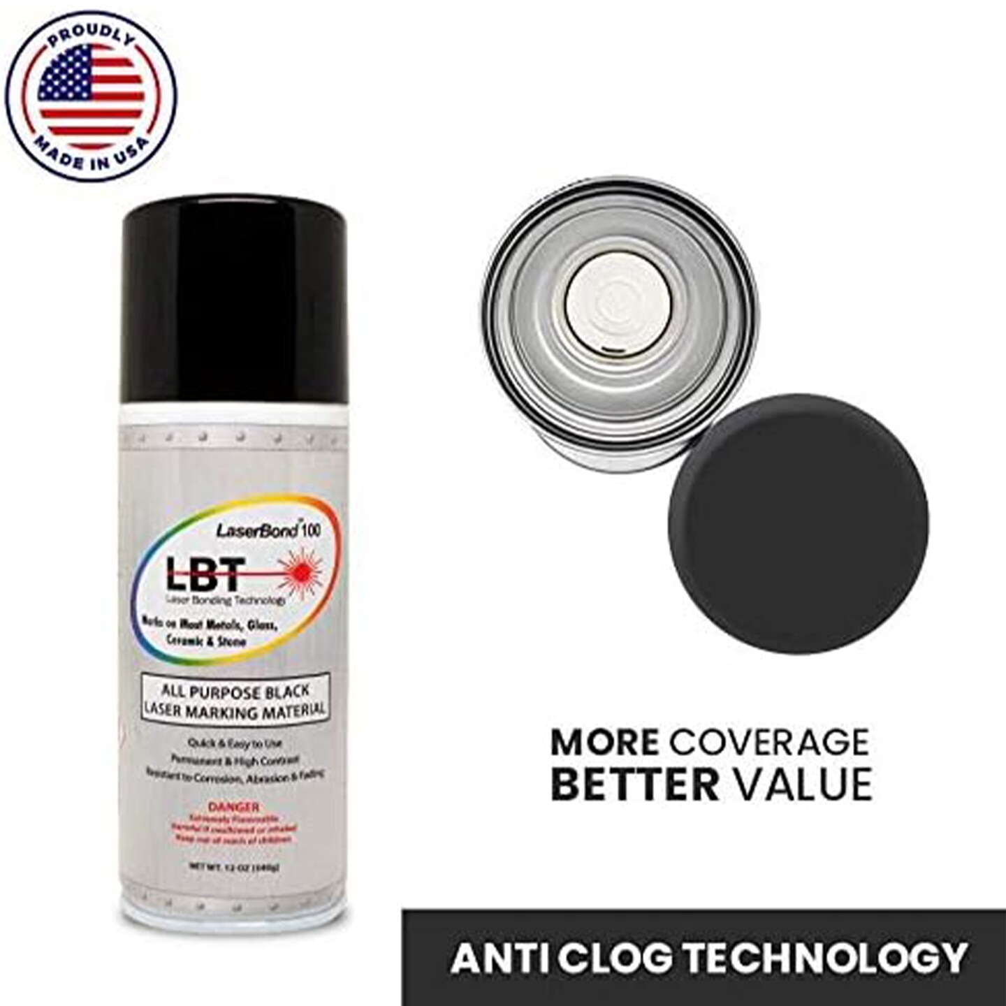 LaserBond 100 Aerosol Black Laser Marking Spray 12oz, Compatible with CO2 Fiber Diode and YAG Laser Engravers, Permanent Marks on Metal Glass Stone and Ceramic (2)