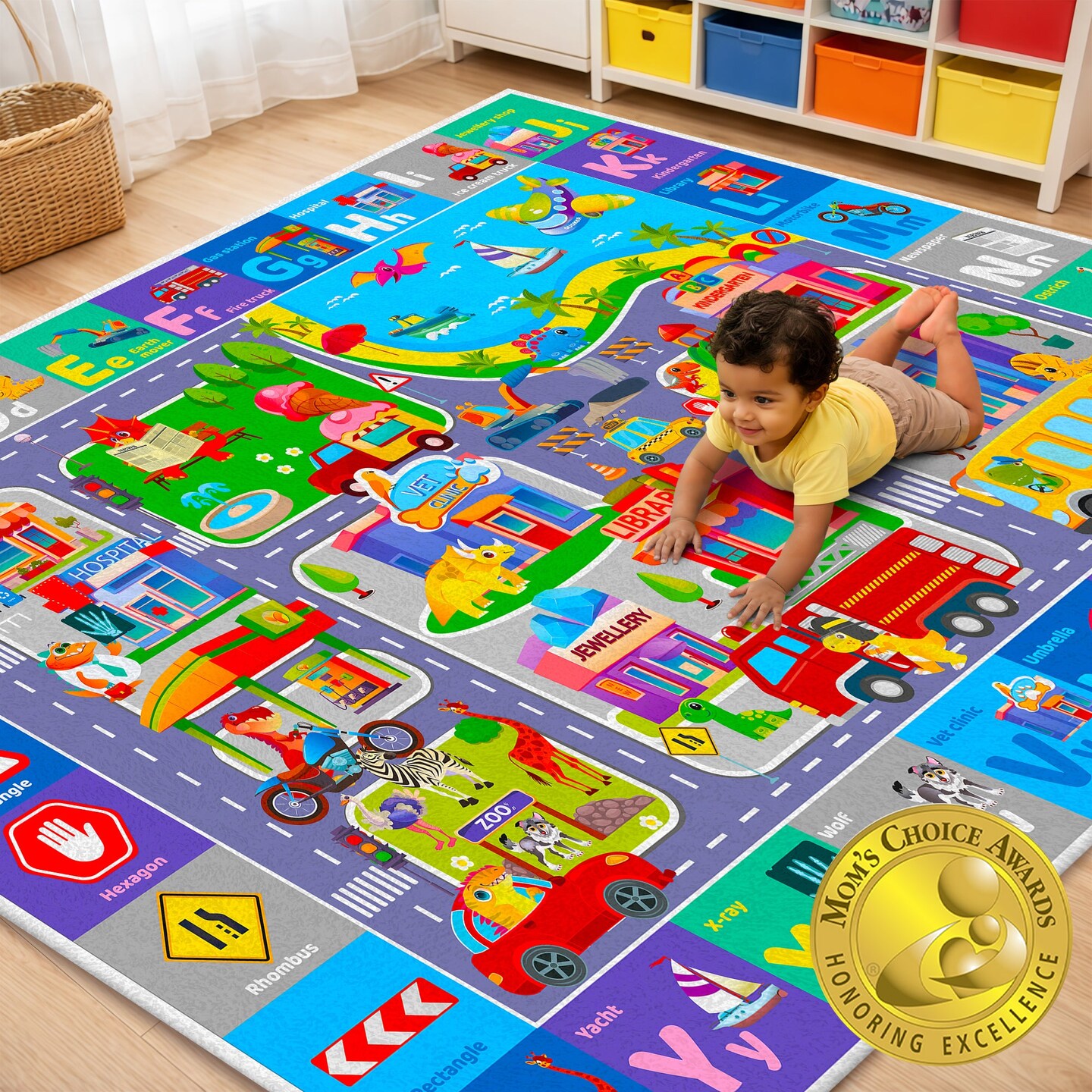 QUOKKA Floor Large Nursery Rug for Babies - Super Soft ABC Rug for Kids Toddlers & Infants - Extra Thick (0.8cm) Large Padded Non-Slip Car Nursery Rug with City - Foldable Rug for Playroom