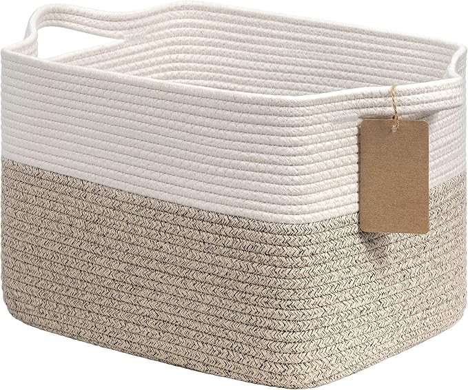 Woven Storage Basket, Cotton Rope Basket for Dog Toys, Books, Stylish Gift Basket with Handles, 13 x 10 x 9 Inches Square Baskets for Organizing, Brown and White