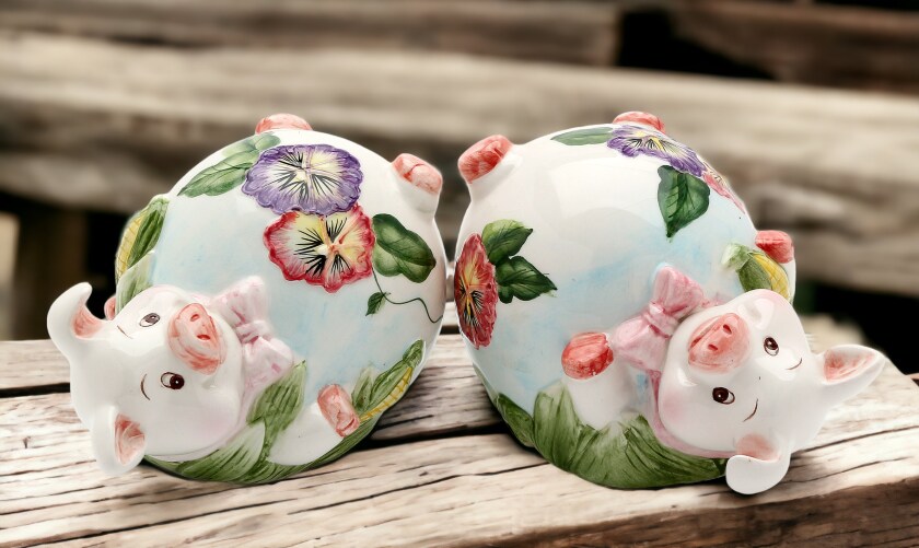 Ceramic Pansy Pig Figurine Two Piece Set, Home Décor, Gift for Her, Mom, Kitchen Décor, Farmhouse Décor, Vintage Decor