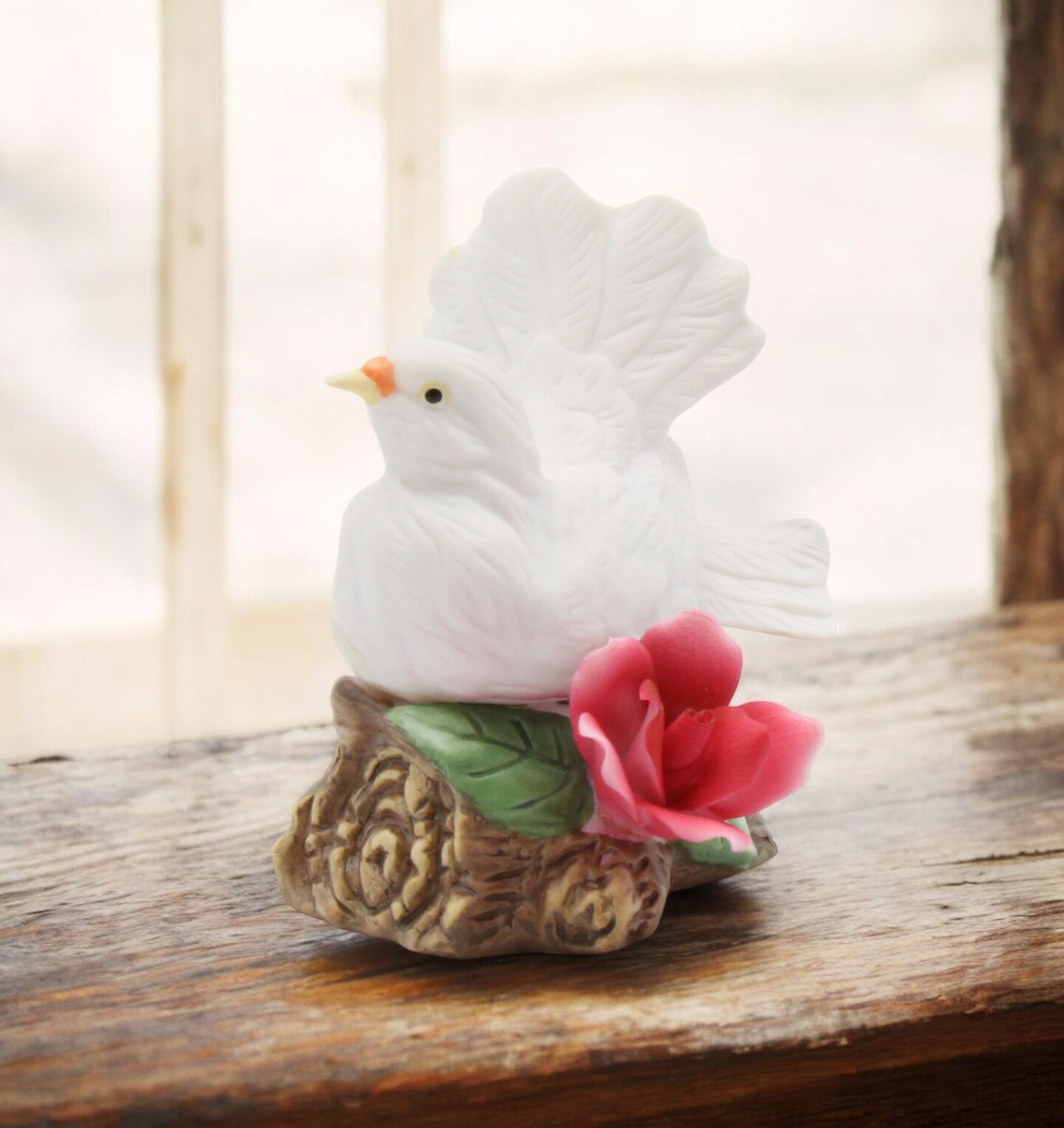 Ceramic White Dove Bird with Red Rose Flower Figurine, Garden Decor, Vintage Decor, Gift for Her, Gift for Mom