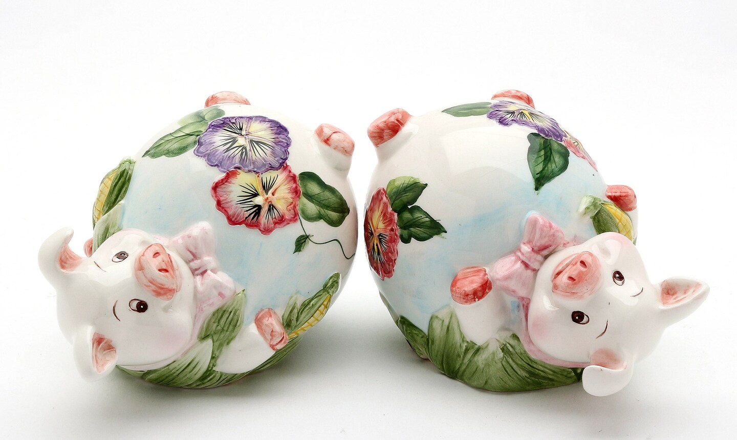 Ceramic Pansy Pig Figurine Two Piece Set, Home Décor, Gift for Her, Mom, Kitchen Décor, Farmhouse Décor, Vintage Decor