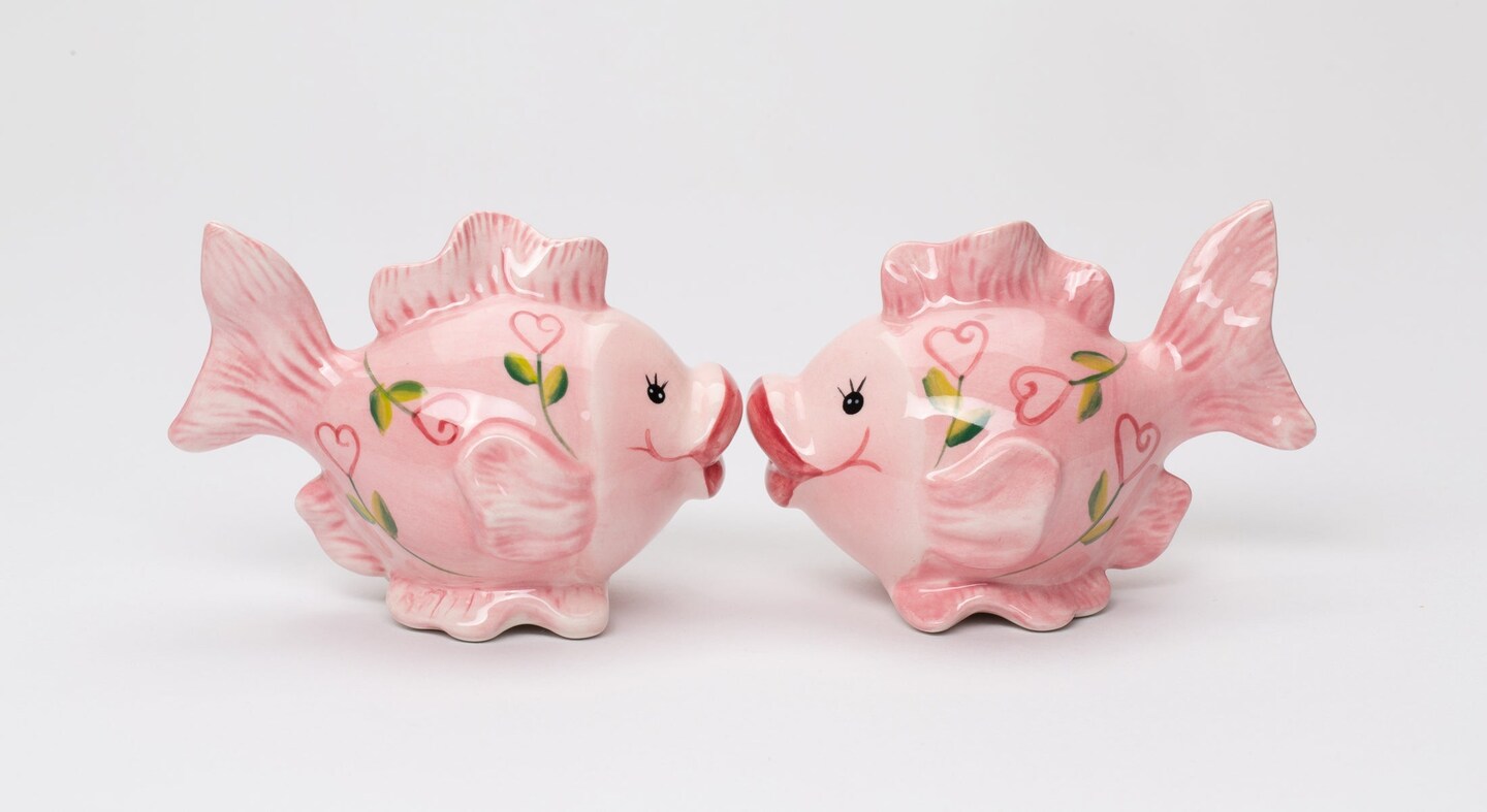 Ceramic Pink Fish with Hearts Salt and Pepper Shakers, Valentines Day Decor, Gift for Her, Kitchen Decor,