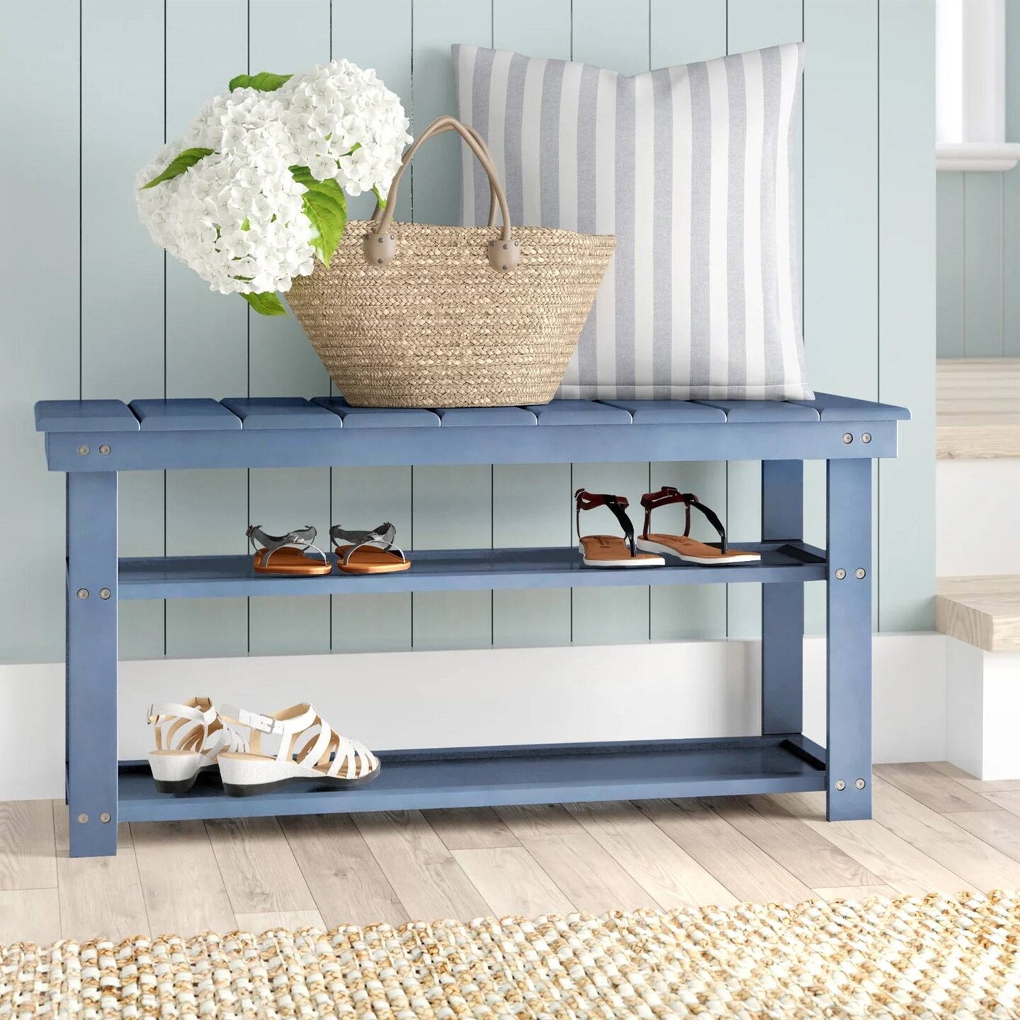 Wooden Shoe Rack Bench with Two Storage Shelves and 2-Seater Design for Entryway or Hallway