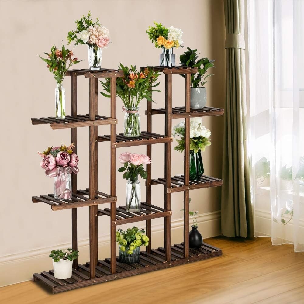 6-Tier Carbonized Wood Plant Stand with 11 Seats
