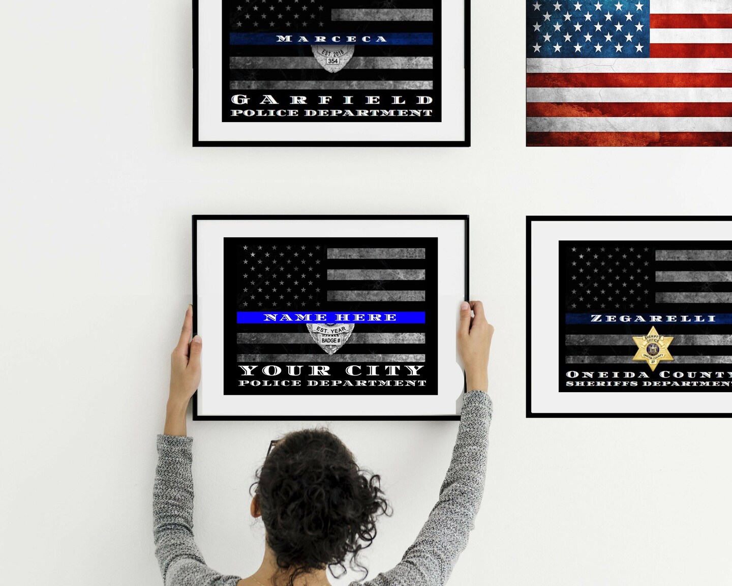 NYPD New York Police Officer Thin blue Line Flag Gift Frame Art