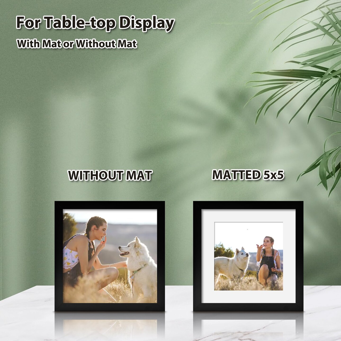 7x7 Picture Frame Black Set of 4, Wooden Square Photo Frames Matted 5x5 with Plexiglass for 5x5 with Mat or 7x7 without Mat for Table and Wall Display