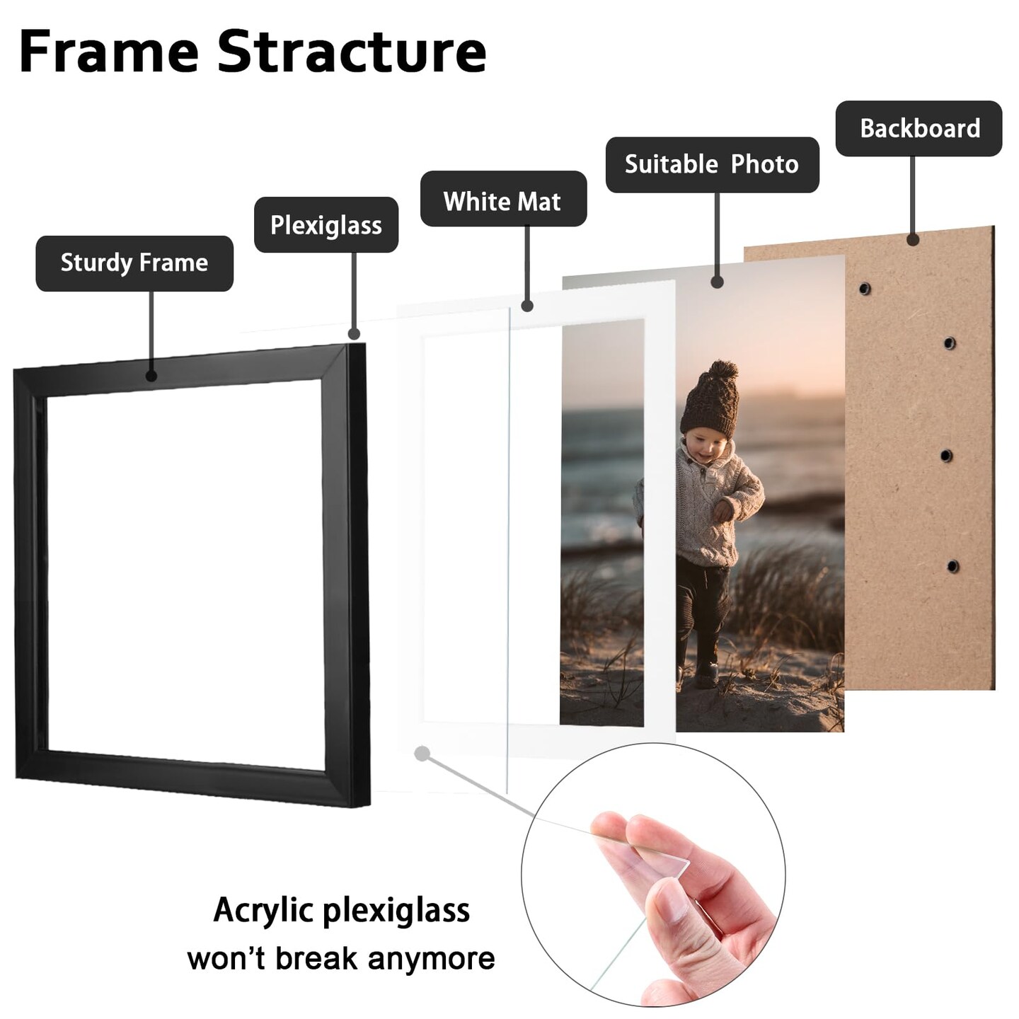 7x7 Picture Frame Black Set of 4, Wooden Square Photo Frames Matted 5x5 with Plexiglass for 5x5 with Mat or 7x7 without Mat for Table and Wall Display