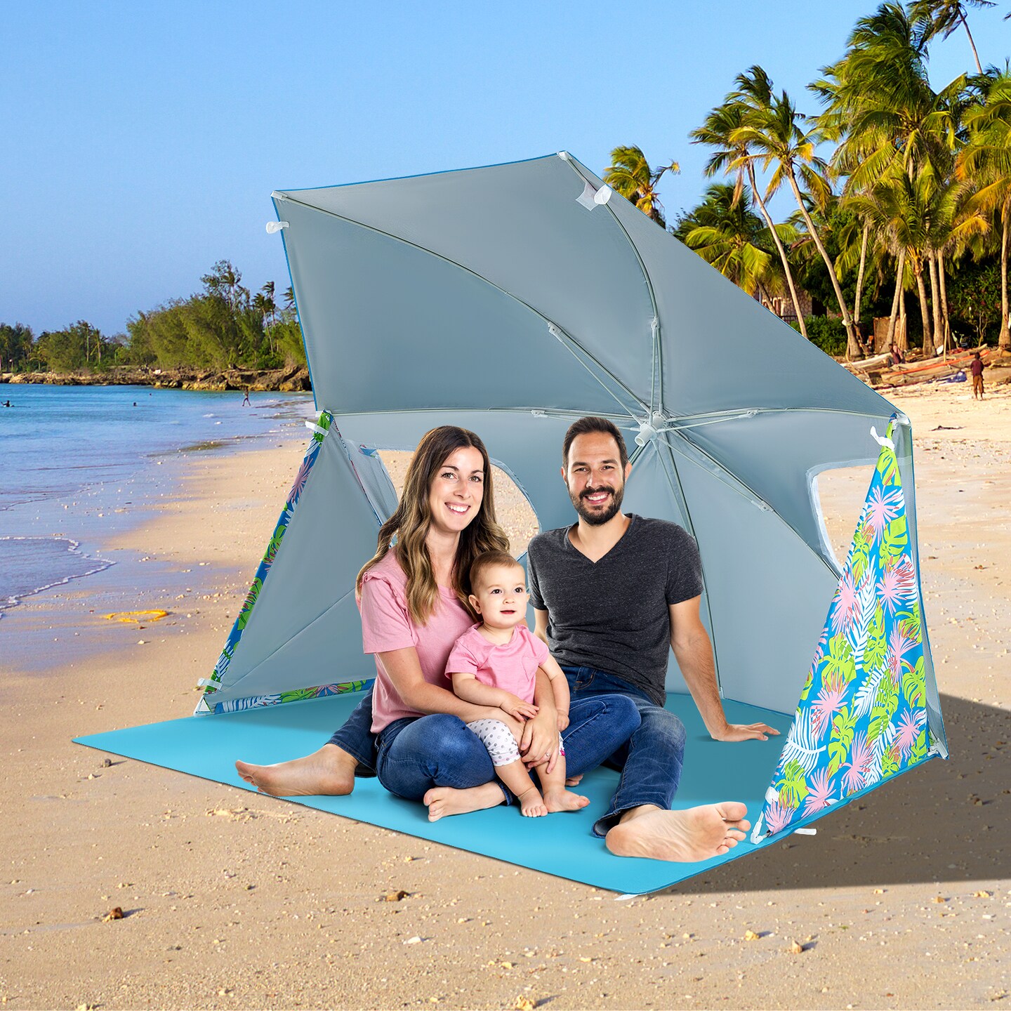 Blue 2-in-1 Beach Umbrella Tent UPF50+ Sun Protection Portable Shelter