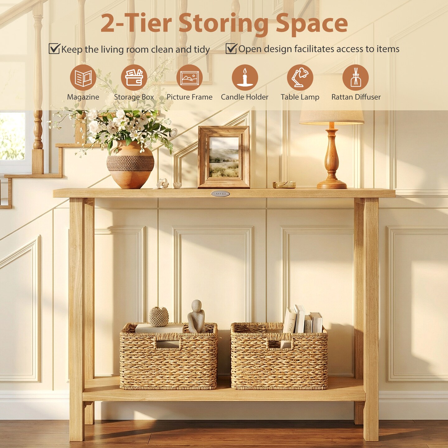 Natural Teak Wood Console Table 47-Inch Solid Wood with Open Shelf