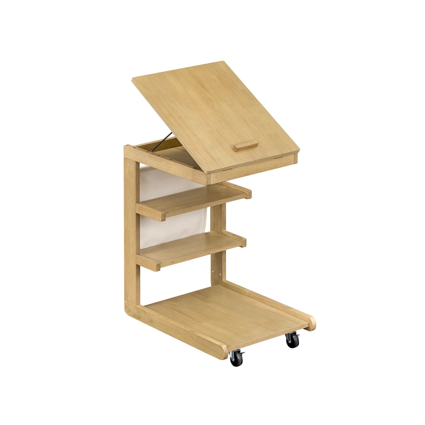 C-Shaped Rolling Table Tiltable Desktop 3 Shelves Hidden Compartment