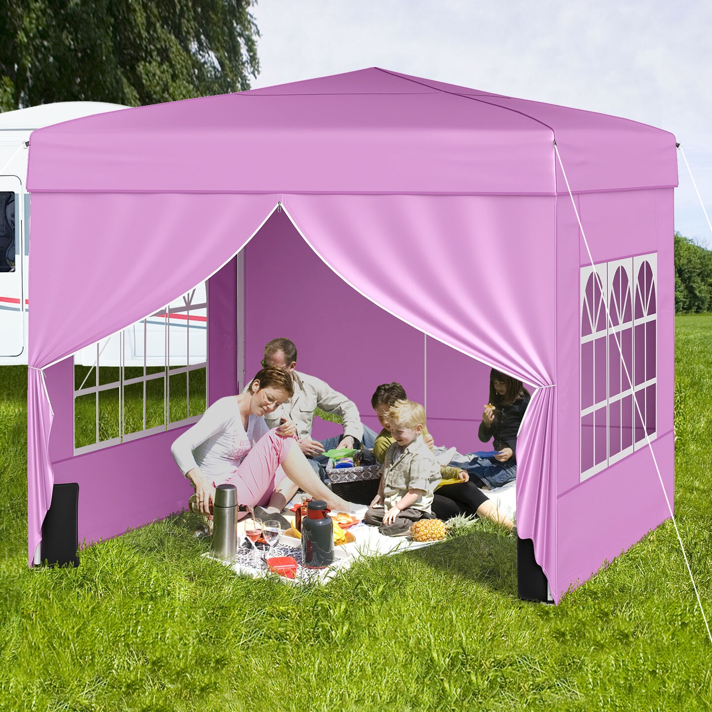 10 X 10 FT Pop up Canopy Tent Outdoor Patio Commercial Sunshade Shelter with 4 Sidewalls-Pink