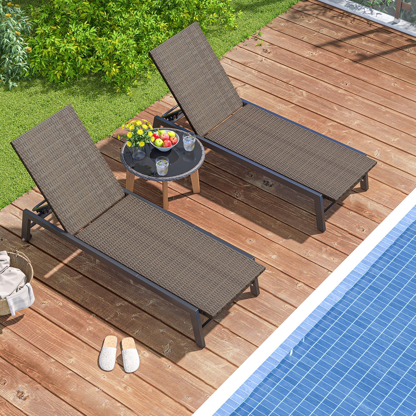 Mix Brown PE Rattan Chaise Lounge 5-Position Adjustable Outdoor Recliner 400lbs