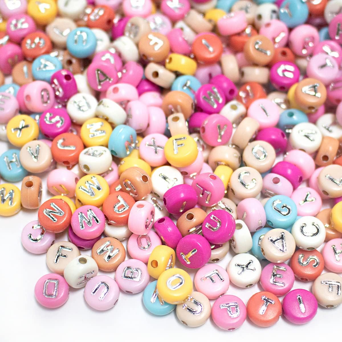1200pcs Acrylic Colorfull Letter Beads for Jewelry Making Alphabet Beads with Elastic String Bead Cord 7x4mm A-Z Silver Letter Beads for DIY Necklace Friendship Bracelet Making