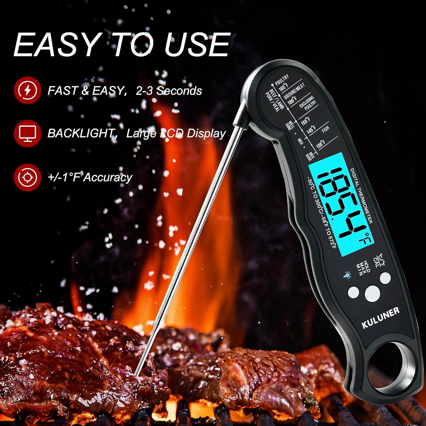 TP-01 Waterproof Digital Instant-Read Meat Thermometer – 4.6" Folding Probe, Backlight, Calibration, Cooking, Candy, BBQ, Liquids (Black)