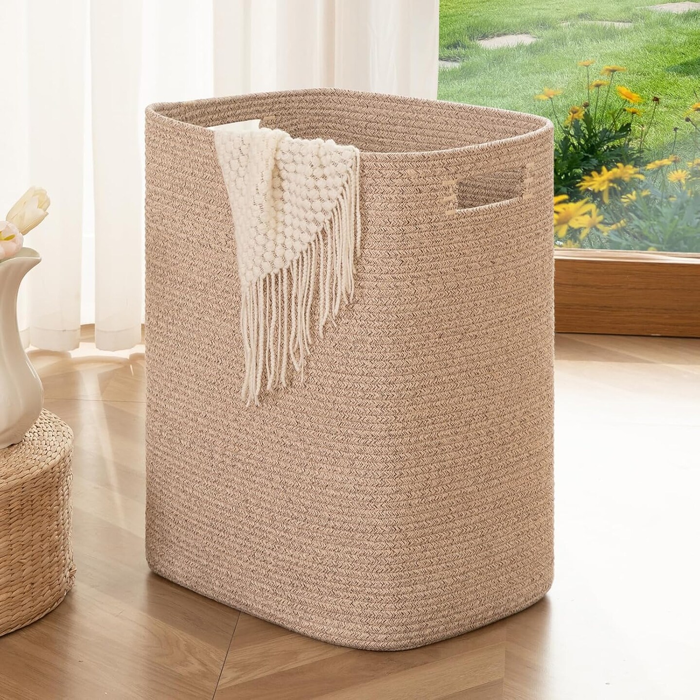 Laundry Hamper, Rectangle Cotton Laundry Basket with Handles, Large Blanket Basket for Living room, Woven Decorative Storage