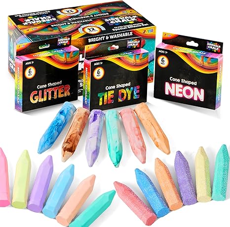 72 PCS Washable Sidewalk Chalks Set in 12 Packs, 18 Colors, Including 12 Tie Dye, 12 Glitter &#x26; 12 Neon Colors, School Supplies, Classroom Must Haves, Gift for Kids