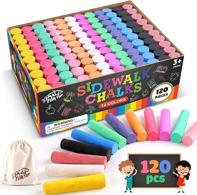 120 PCS Sidewalk Chalks for Kids: 12 Colors Washable Jumbo Chalk Bulk for Outdoor, Party Favors, Classroom, Non-Toxic Dustless Chalk for Toddlers Drawing on Playground, Chalkboard, Great Gift for Kids