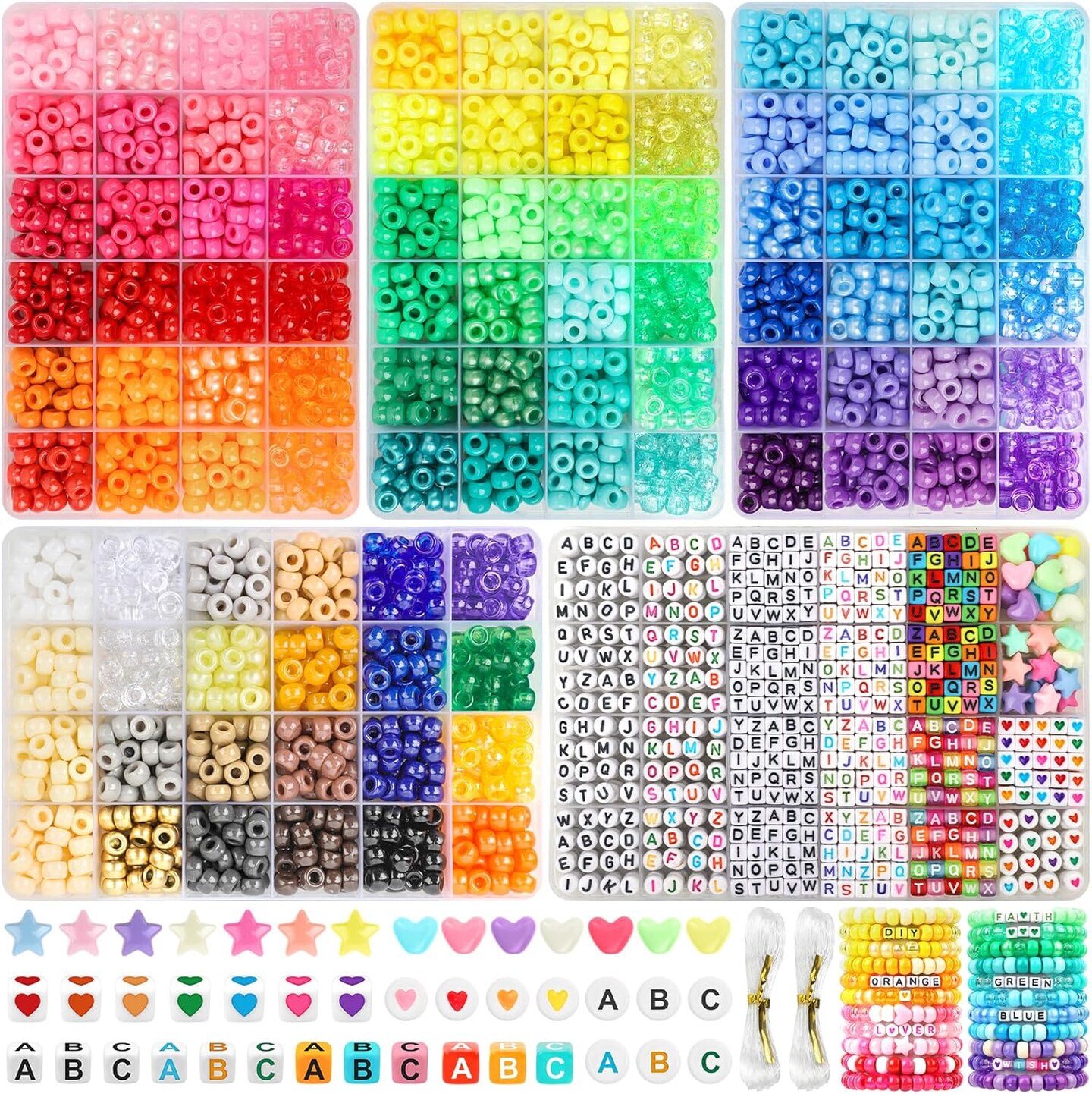 4022 Pcs Pony Beads for Friendship Bracelet Making Kit, 96 Colors 5 Boxes Friendship Bracelet Beads 6x9mm Rainbow Kandi Beads with 1000 Pcs Letter Beads for Jewelry Making