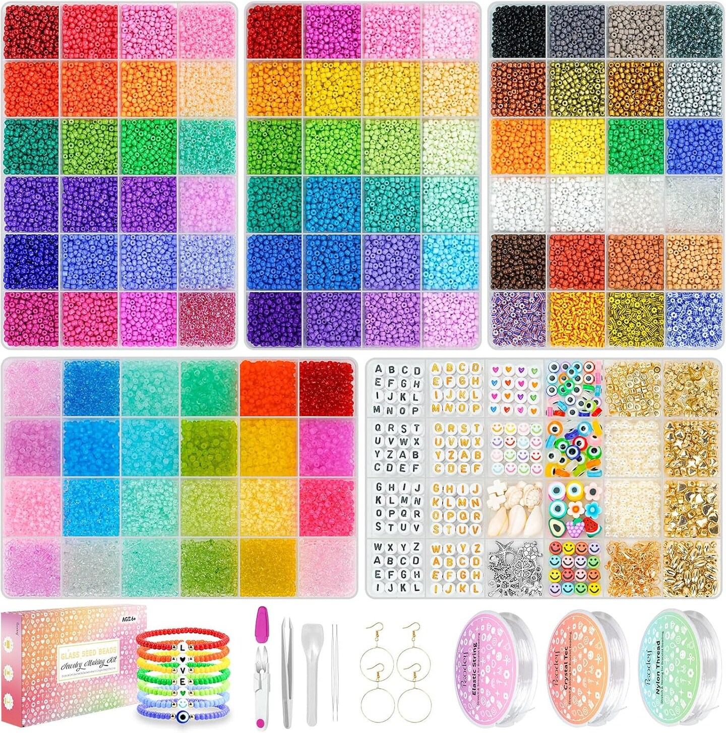 Friendship Bracelet Kit 3mm Seed Beads, 30000 Pcs 8/0 Glass Seed Beads 96 Colors Small Beads Bulk with Letter Bead Charms for Jewelry Making Girls Rings Necklaces