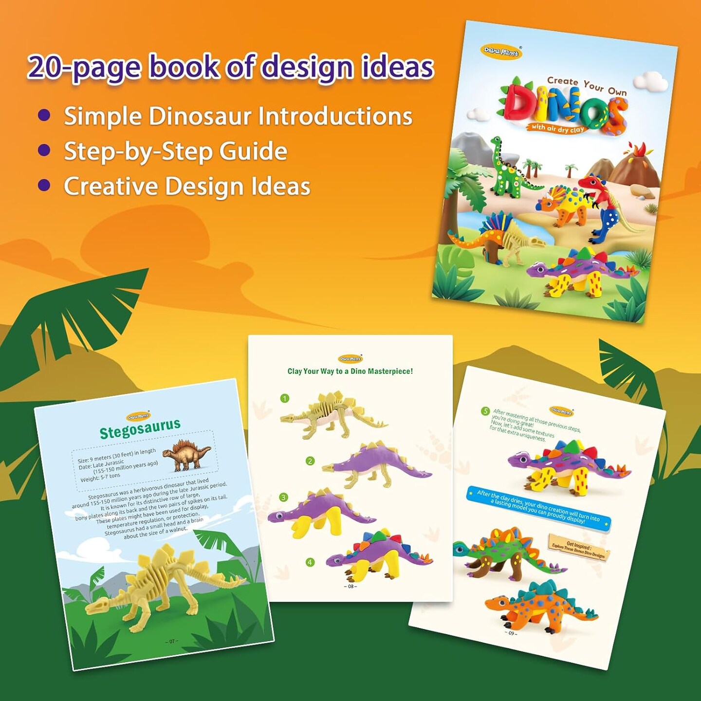 Dinosaur Air Dry Clay Kit &#x2013; Create 5 Dinosaur Models with 12 Colors of Modeling Clay, Instruction Guide &#x2013; Fun &#x26; Educational Craft Set for Kids