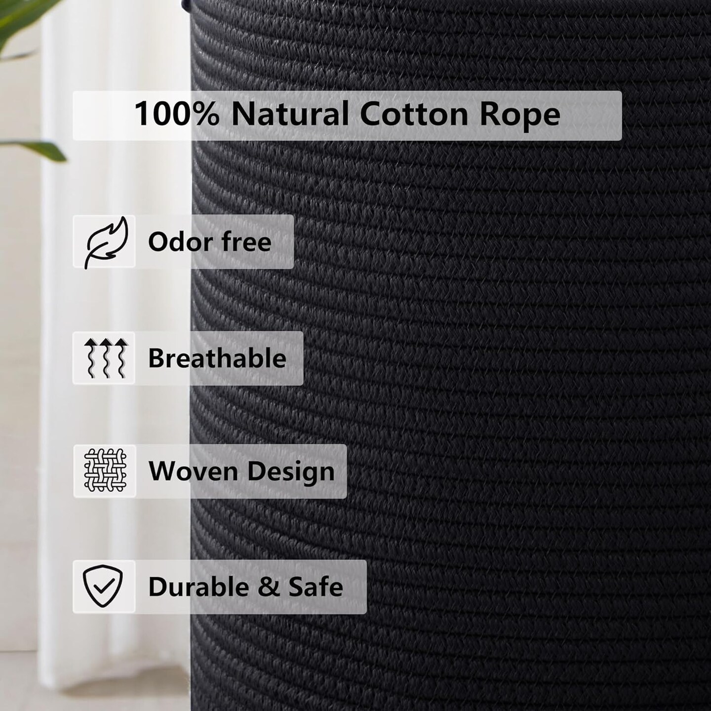 Black Woven Rope Laundry Basket Hamper for Clothes Tall Modern Blanket Storage Basket in Living Room Bedroom