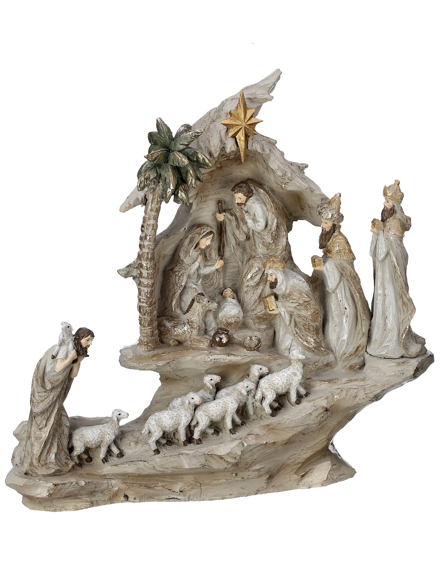 13.5-Inch Resin Stairway Nativity with Sheep Herd for Christmas Display
